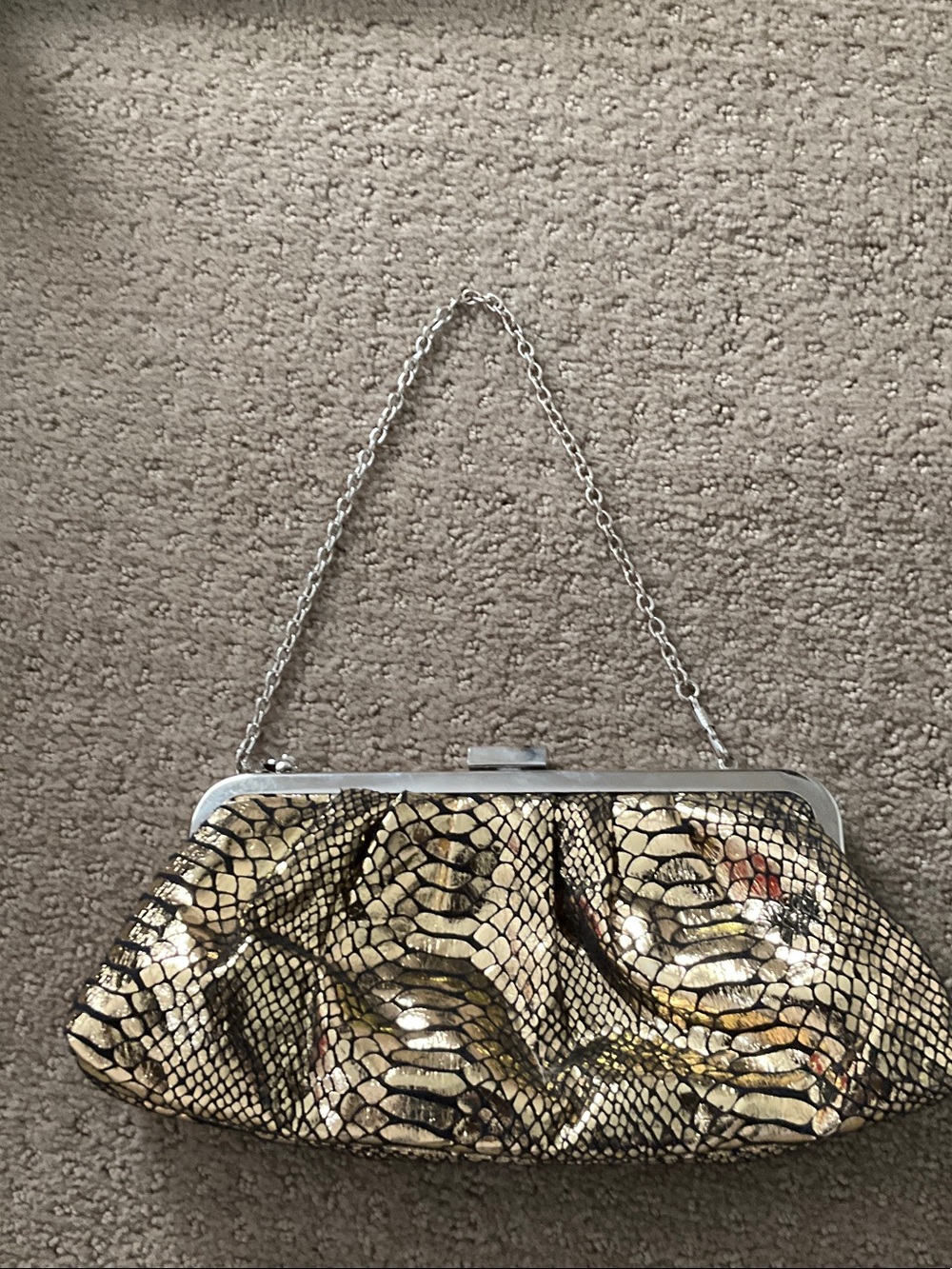 Gold Snake-Print Evening Clutch with Chain